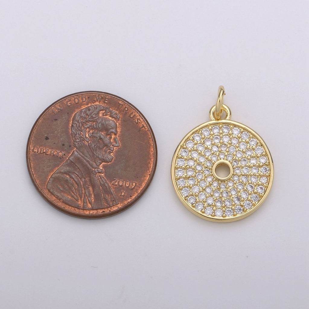 CZ Clear Micro Pave Coin Charm, Round Disc Pave Charm, Gold plated Micro Pave Dangle Charms for Necklace Bracelet Earring Supply D-352 - DLUXCA