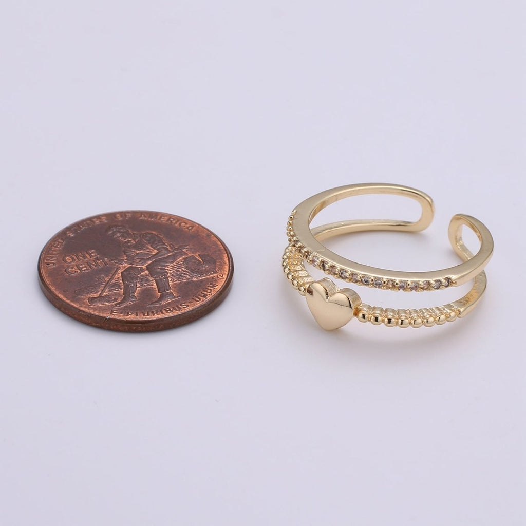 Cz Heart Ring Adjustable Ring, Double Band Ring, Wholesale Ring, Gold Jewelry gift for Valentine Ring-279 - DLUXCA