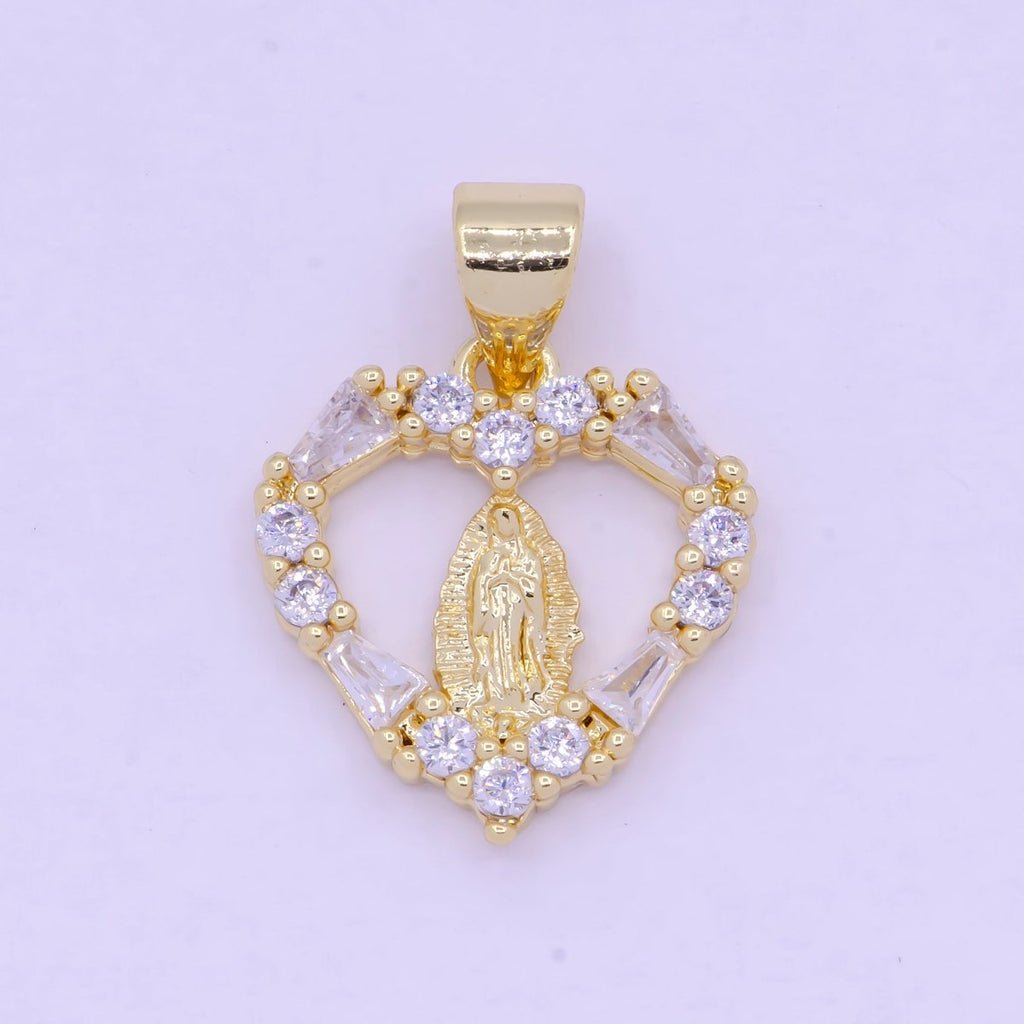CZ Heart Virgin Mary Pendant Gold plated Lady Guadalupe Charm for Necklace Bracelet X-462 - DLUXCA