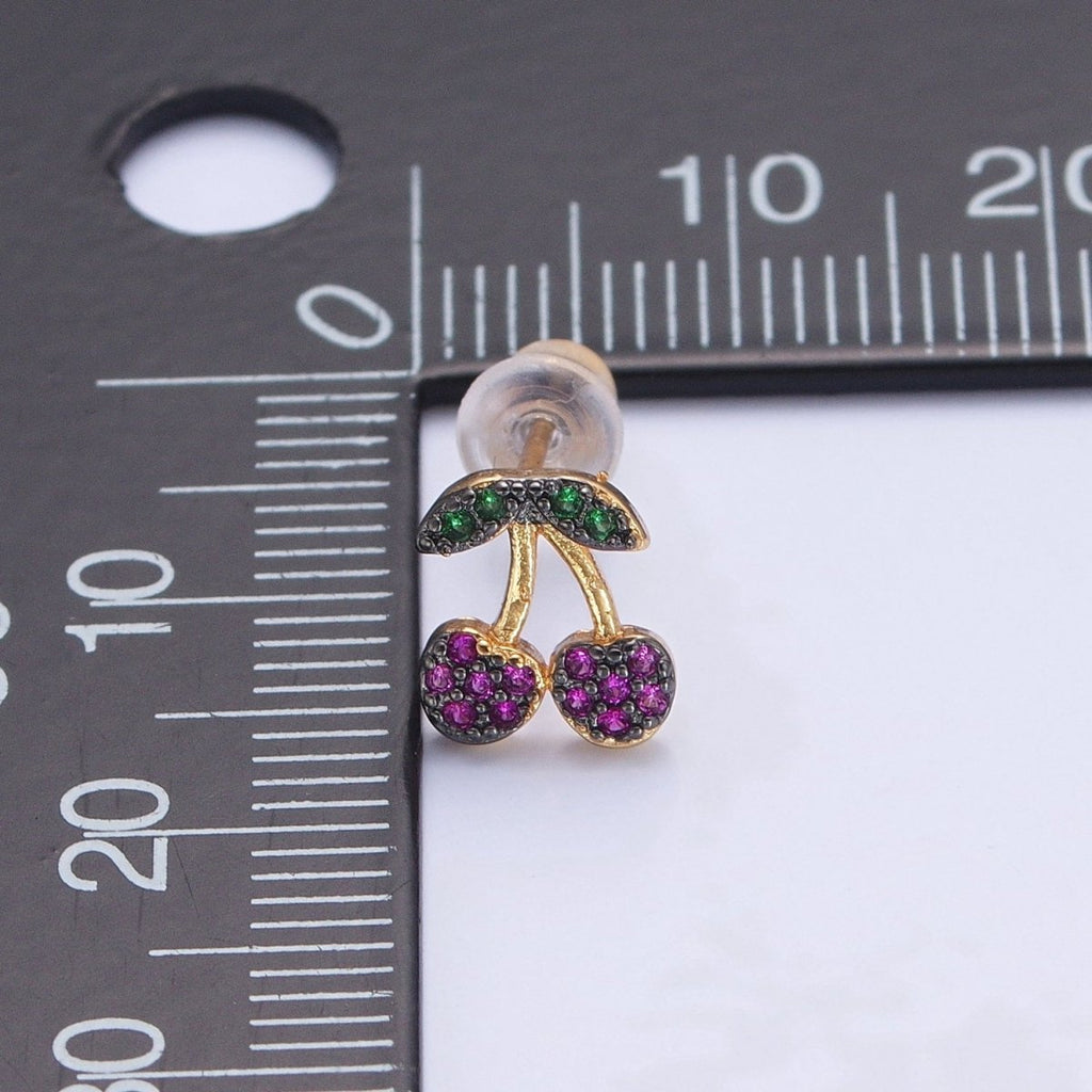 CZ Micro Pave 24K Gold plated Cherry Fruit Stud Earrings V-450 - DLUXCA