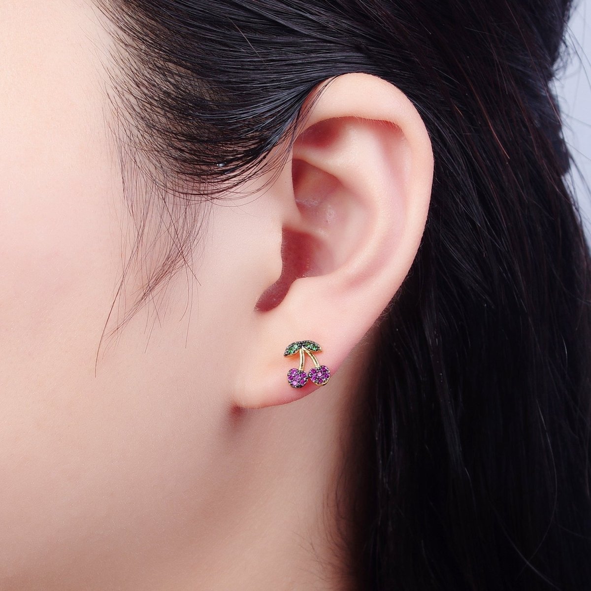 CZ Micro Pave 24K Gold plated Cherry Fruit Stud Earrings V-450 - DLUXCA