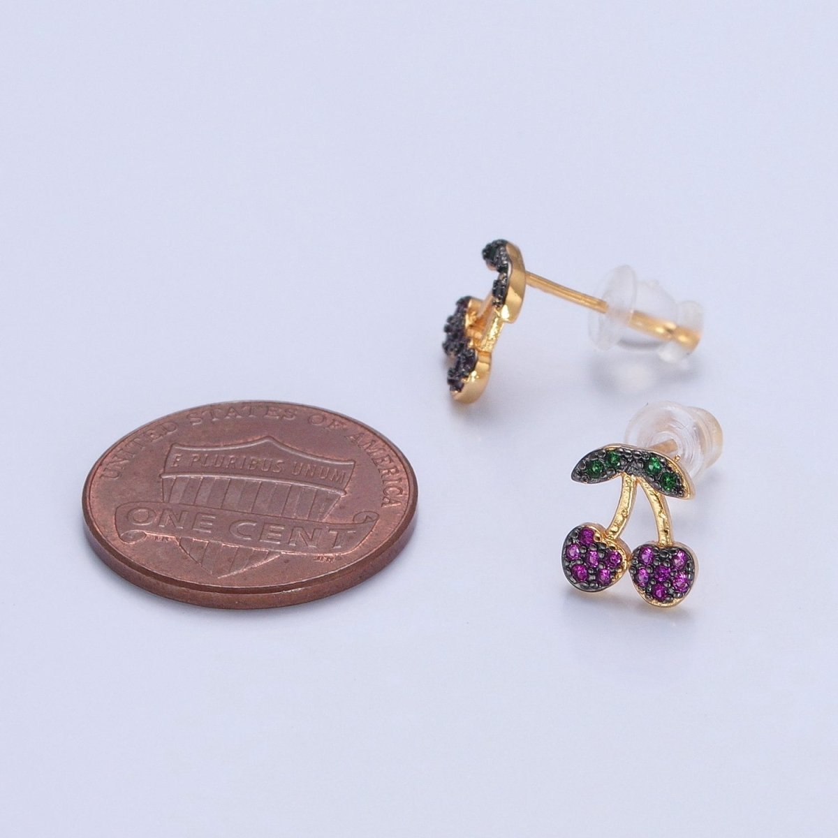 CZ Micro Pave 24K Gold plated Cherry Fruit Stud Earrings V-450 - DLUXCA