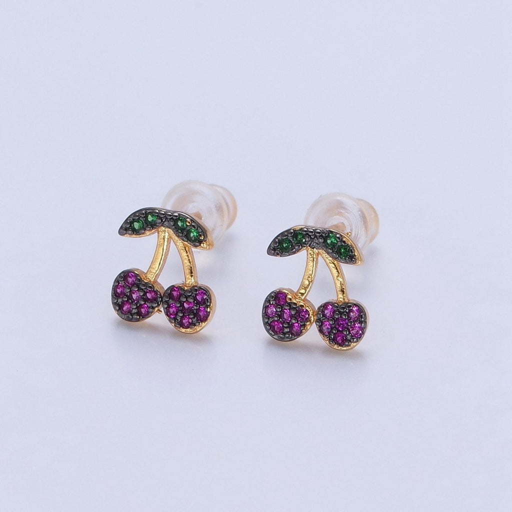 CZ Micro Pave 24K Gold plated Cherry Fruit Stud Earrings V-450 - DLUXCA