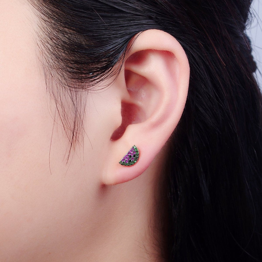 CZ Micro Pave 24K Gold plated Watermelon Fruit Stud Earrings V-449 - DLUXCA