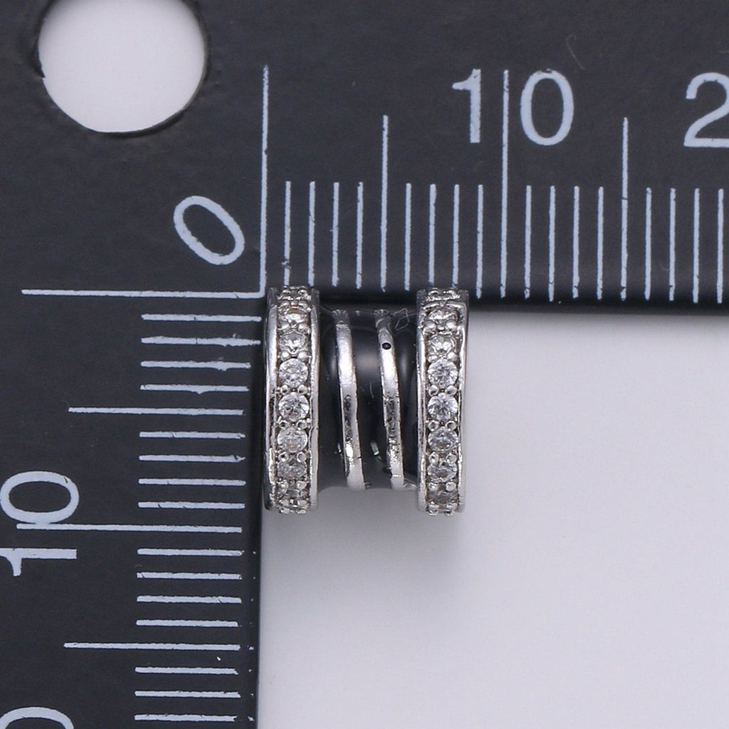 CZ Micro Pave Big Hole Drum Spacer Beads, Cubic Zirconia Large Hole Spacer Beads Silver Black Beads 8.4x9.2mm B-365 - DLUXCA