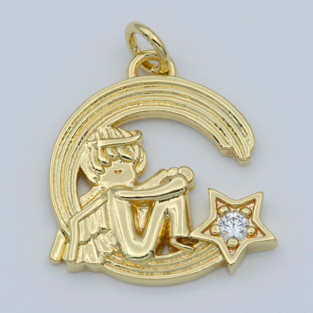 CZ Micro Pave Cherub Angel On Cresent Moon Shape Pendant, Gold plated Charm Pendant, Necklace Bracelet Component M-356 - DLUXCA