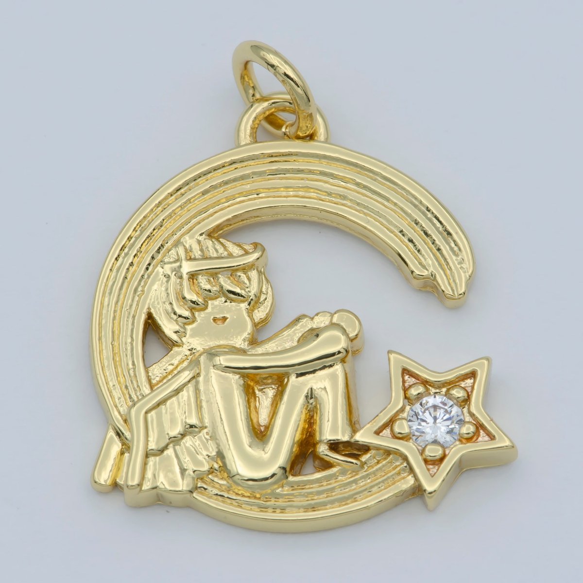 CZ Micro Pave Cherub Angel On Cresent Moon Shape Pendant, Gold plated Charm Pendant, Necklace Bracelet Component M-356 - DLUXCA