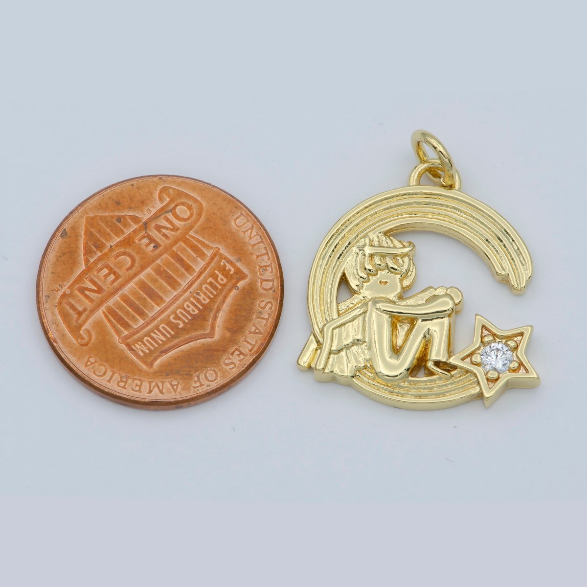 CZ Micro Pave Cherub Angel On Cresent Moon Shape Pendant, Gold plated Charm Pendant, Necklace Bracelet Component M-356 - DLUXCA