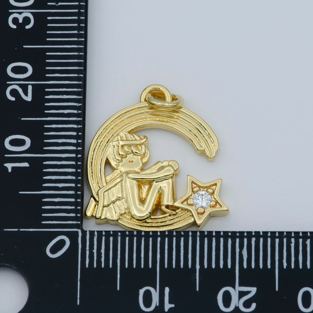 CZ Micro Pave Cherub Angel On Cresent Moon Shape Pendant, Gold plated Charm Pendant, Necklace Bracelet Component M-356 - DLUXCA
