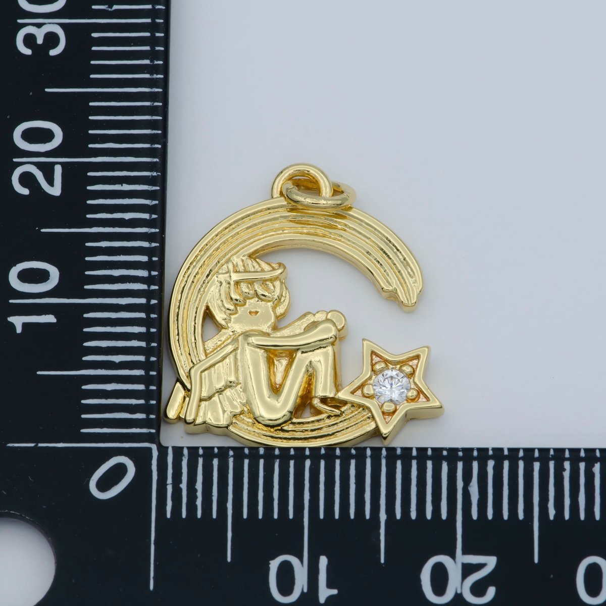 CZ Micro Pave Cherub Angel On Cresent Moon Shape Pendant, Gold plated Charm Pendant, Necklace Bracelet Component M-356 - DLUXCA