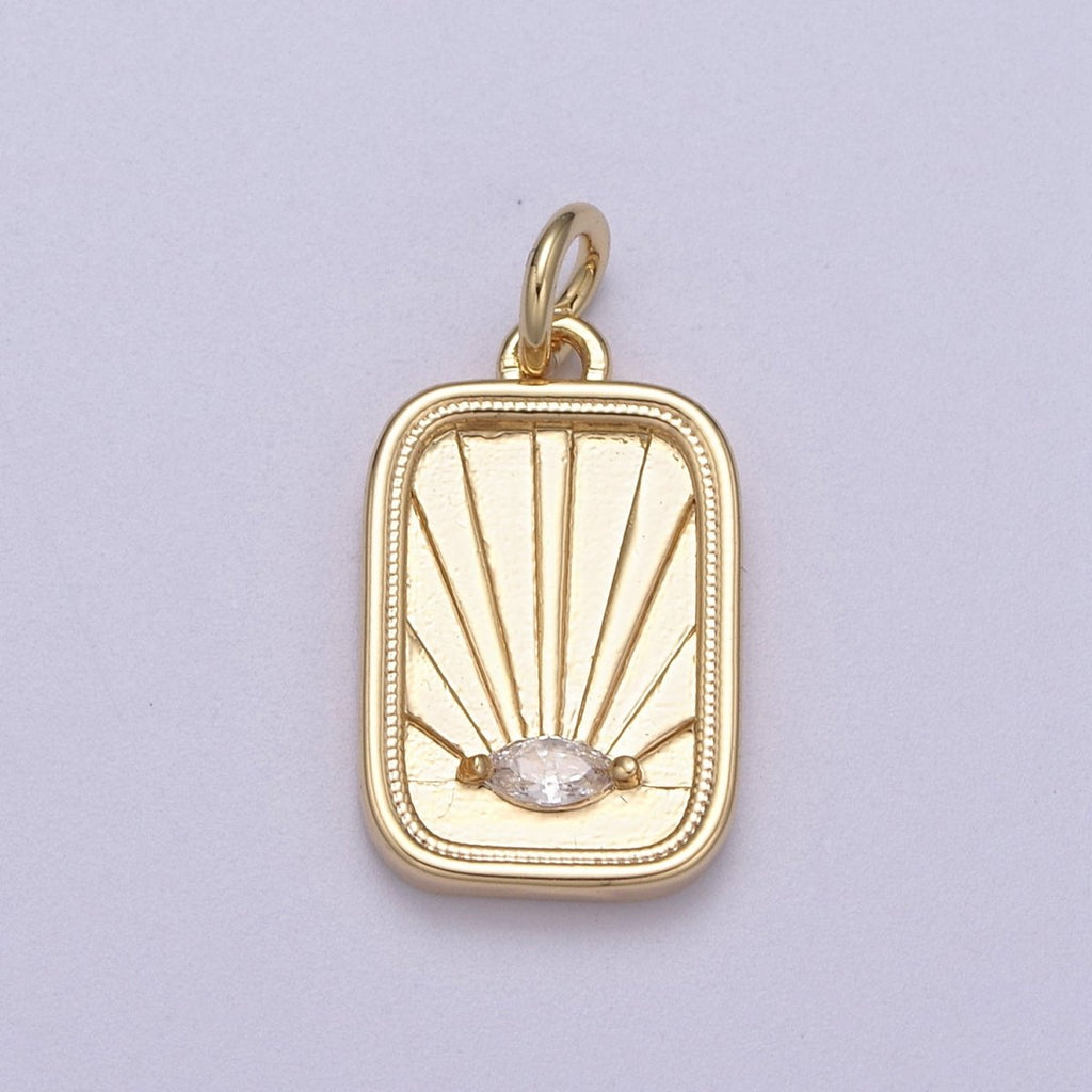 CZ Micro Pave Evil Eye On Rectangle Shape Pendant, 16K Gold plated Sunburst Charm, Necklace Bracelet Earring Supply N-274 - DLUXCA