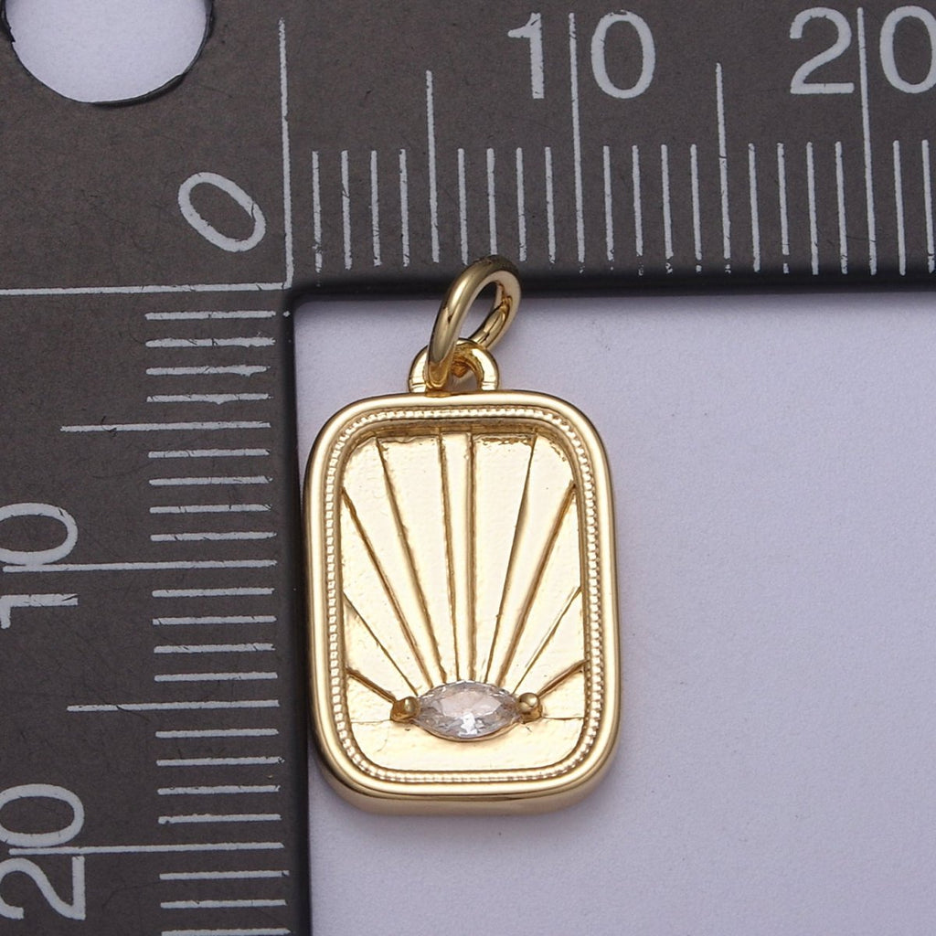 CZ Micro Pave Evil Eye On Rectangle Shape Pendant, 16K Gold plated Sunburst Charm, Necklace Bracelet Earring Supply N-274 - DLUXCA