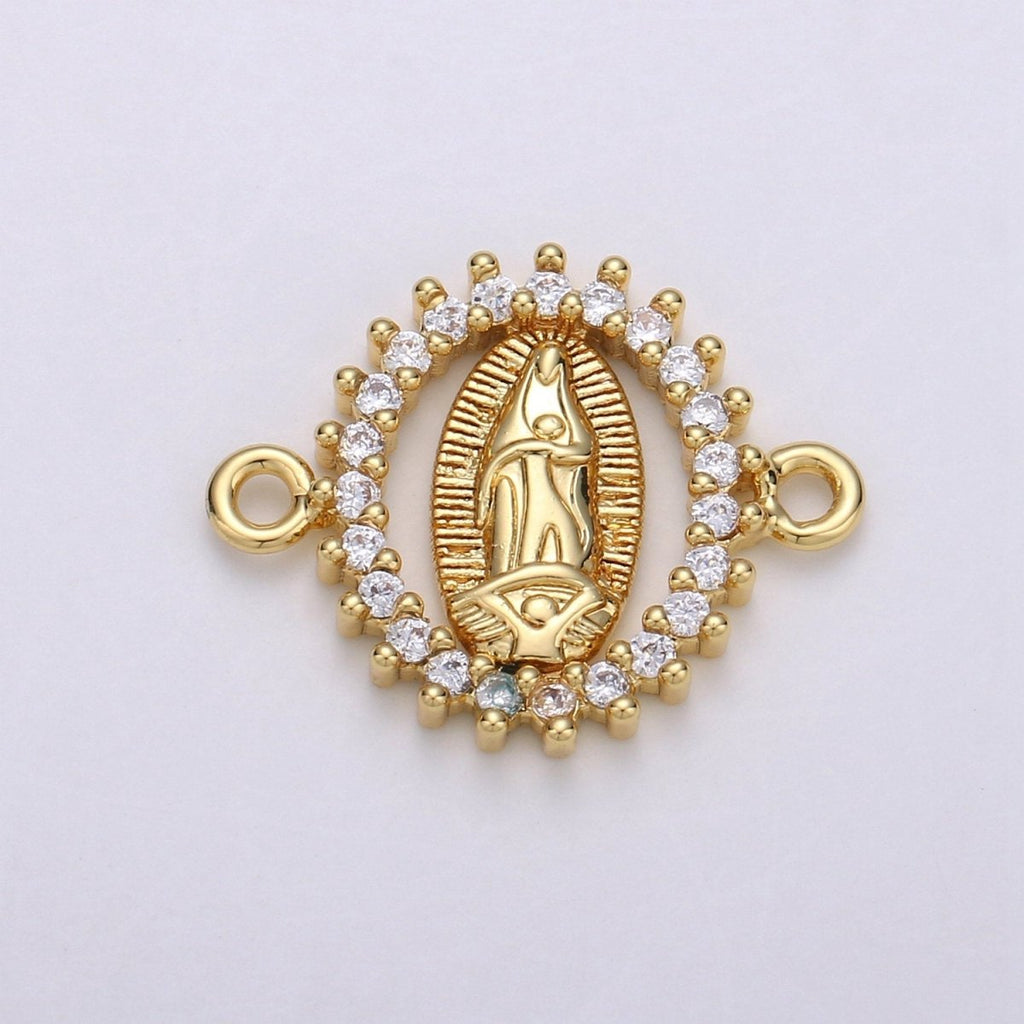 CZ Micro paved Gold Virgin Mother Mary Connectors, Catholic Baptism Charm, Medallion Religious Jewelry Craft Supply F-461 - DLUXCA
