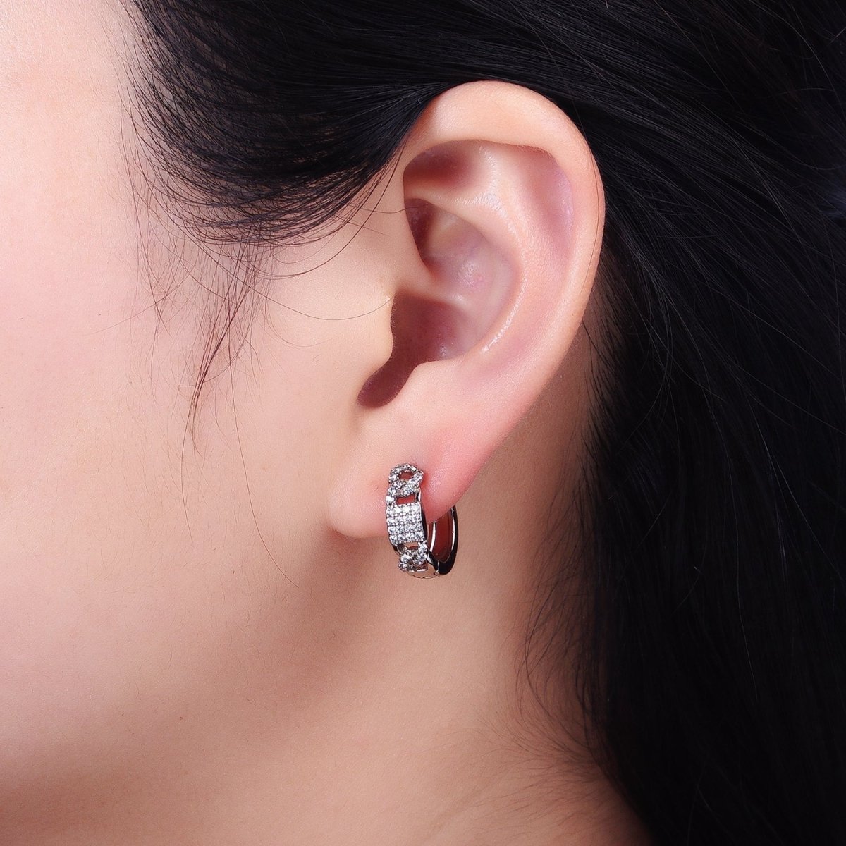 CZ Pave Huggie Hoops Silver Earrings with CZ Diamonds, Thick Huggie Earrings AB787 - DLUXCA