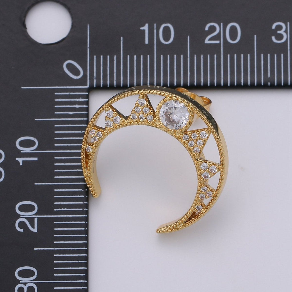 CZ Paved Crescent Moon Cartilage Earring, moon stud, dainty tragus earring, conch piercing, gold moon stud earring Celestial Jewelry Q-177 - DLUXCA