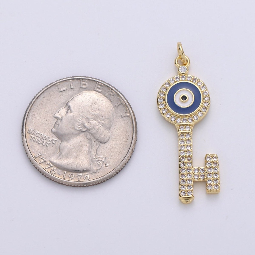 Dainty 14K Gold plated Evil Eye Pendant Key Charm for Necklace Bracelet Component D-092 - DLUXCA