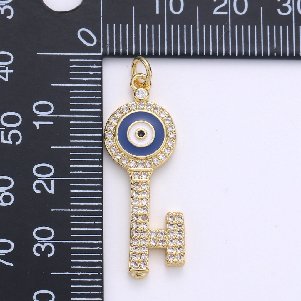 Dainty 14K Gold plated Evil Eye Pendant Key Charm for Necklace Bracelet Component D-092 - DLUXCA