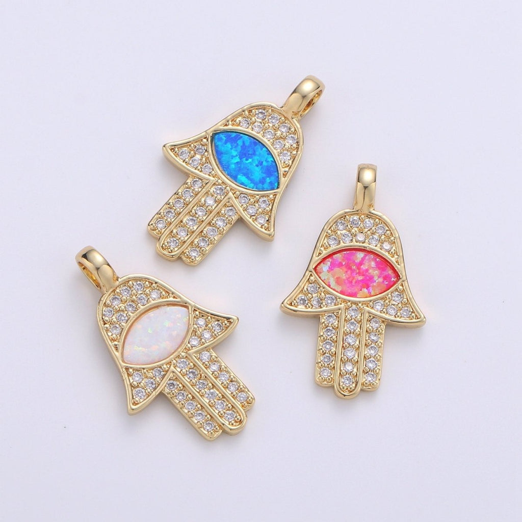 Dainty 14k Gold plated Hamsa Hand Charm, Opal Hamsa Charm for Necklace Earring Bracelet Micro Pave Evil Eye Charm Supply J-020~J-022
