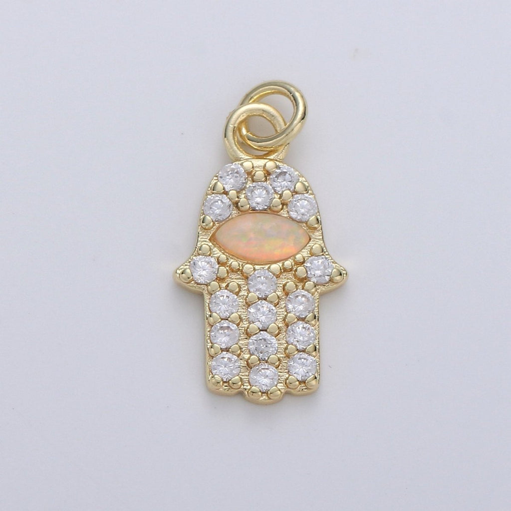 Dainty 14k Gold plated Hamsa Hand Charm, Opal Hamsa Charm for Necklace Earring Bracelet Micro Pave Hand Charm Supply D-172 - DLUXCA