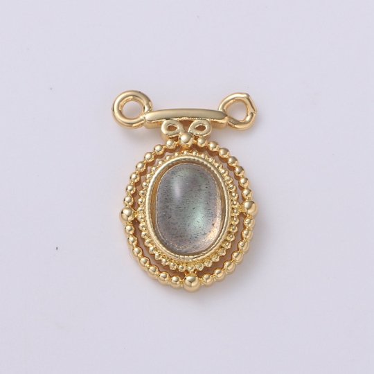 Dainty 14k Gold plated Labradorite Charm Oval Medallion Pendant, 11x16.5mm, Gold Victorian Style Jewelry Double Bail Charm F-585 - DLUXCA