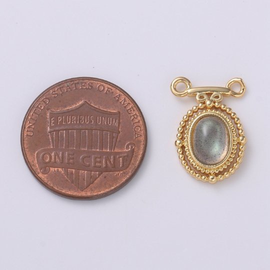 Dainty 14k Gold plated Labradorite Charm Oval Medallion Pendant, 11x16.5mm, Gold Victorian Style Jewelry Double Bail Charm F-585 - DLUXCA