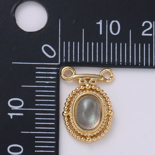 Dainty 14k Gold plated Labradorite Charm Oval Medallion Pendant, 11x16.5mm, Gold Victorian Style Jewelry Double Bail Charm F-585 - DLUXCA