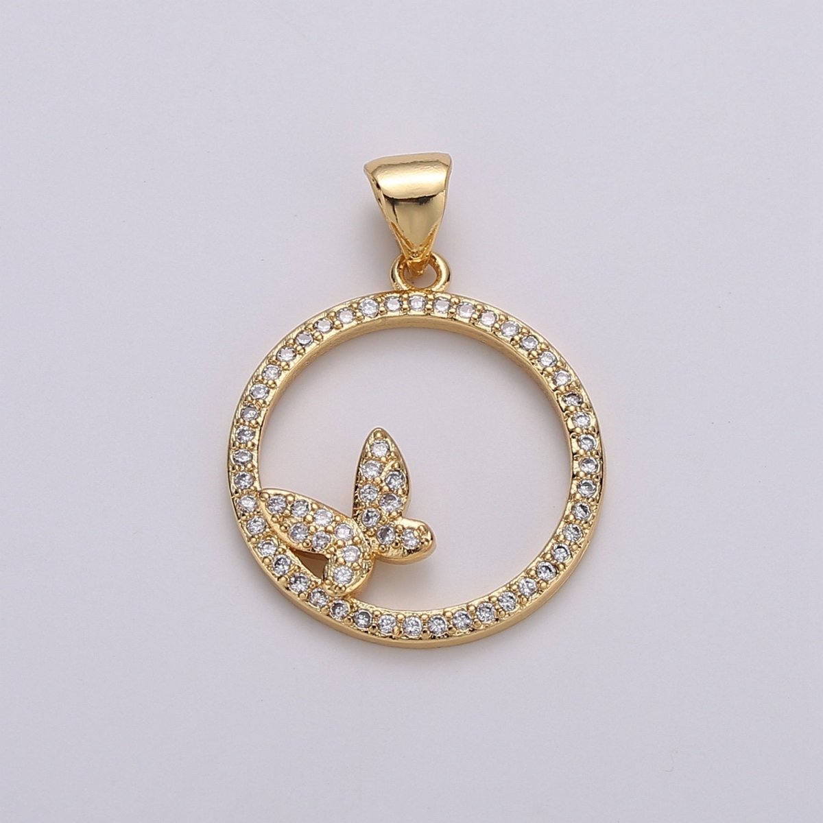 Dainty 14k Gold plated Micro Pave Butterfly Charm, Round Circle Mariposa Pendant Charm, Gold plated Charm, For DIY Jewelry I-744 - DLUXCA