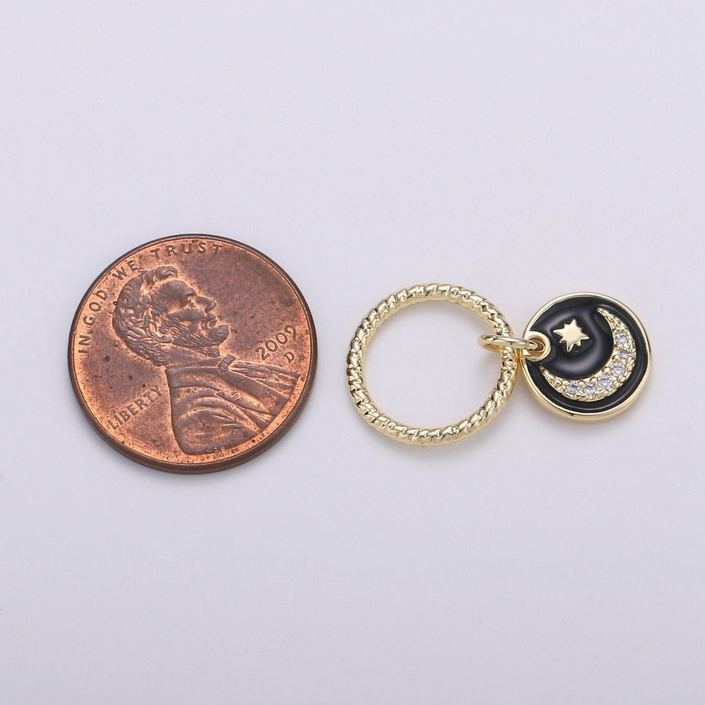 Dainty 14k Gold plated Moon and Stars Charms, White  Black CZ Pave Round Disc Pendant for Bracelet or Necklace Jewelry Supply D-226 D-227