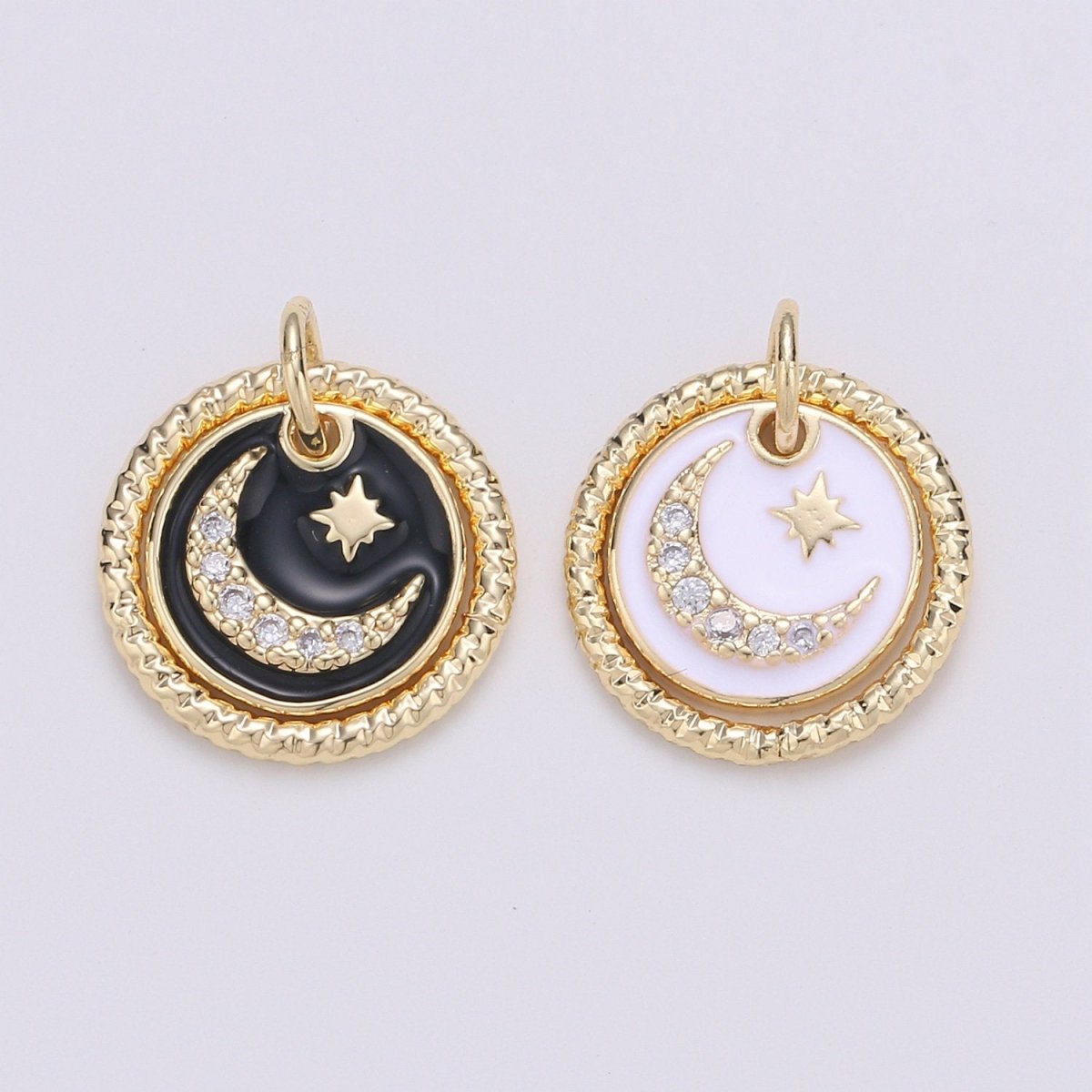 Dainty 14k Gold plated Moon and Stars Charms, White  Black CZ Pave Round Disc Pendant for Bracelet or Necklace Jewelry Supply D-226 D-227