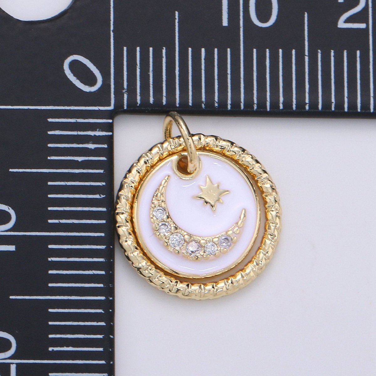 Dainty 14k Gold plated Moon and Stars Charms, White  Black CZ Pave Round Disc Pendant for Bracelet or Necklace Jewelry Supply D-226 D-227