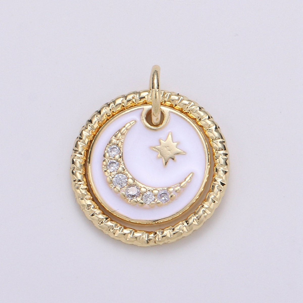 Dainty 14k Gold plated Moon and Stars Charms, White  Black CZ Pave Round Disc Pendant for Bracelet or Necklace Jewelry Supply D-226 D-227