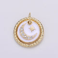 Dainty 14k Gold plated Moon and Stars Charms, White  Black CZ Pave Round Disc Pendant for Bracelet or Necklace Jewelry Supply D-226 D-227