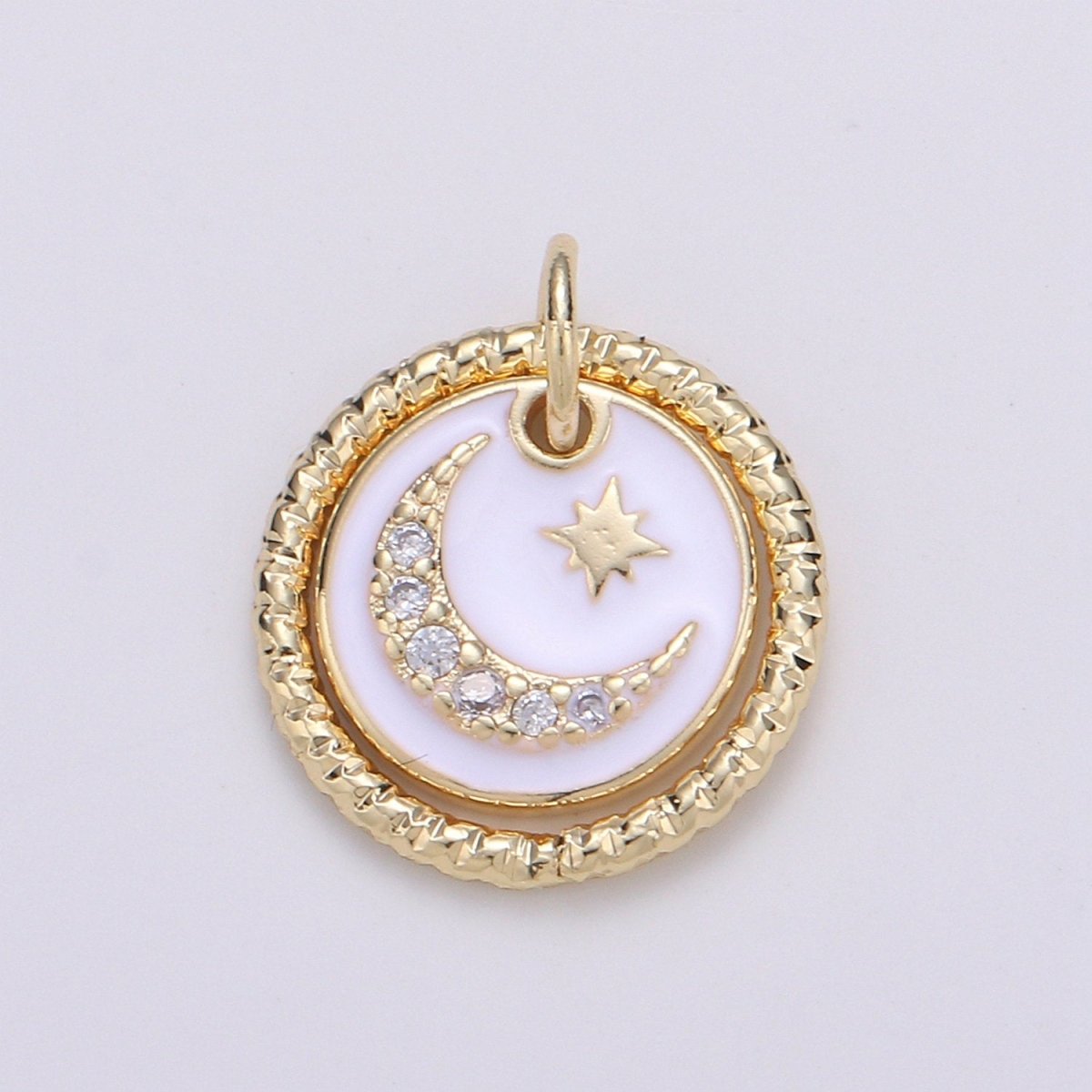 Dainty 14k Gold plated Moon and Stars Charms, White  Black CZ Pave Round Disc Pendant for Bracelet or Necklace Jewelry Supply D-226 D-227