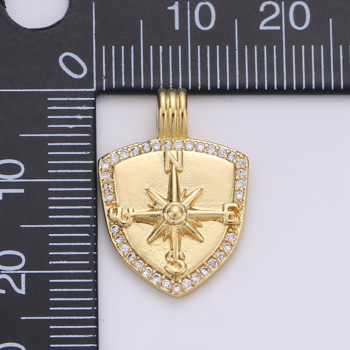 Dainty 14k Gold plated Shield Charm, Cz Shield pendant, Micro Pave Compass Pendant Protection Jewelry Supply I-933 - DLUXCA