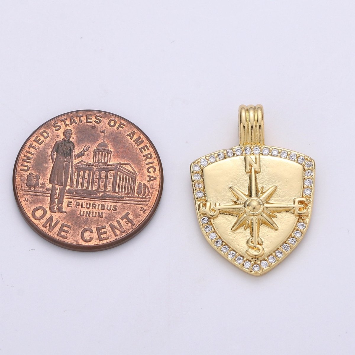 Dainty 14k Gold plated Shield Charm, Cz Shield pendant, Micro Pave Compass Pendant Protection Jewelry Supply I-933 - DLUXCA