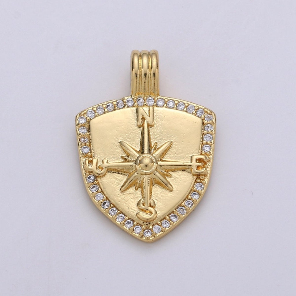 Dainty 14k Gold plated Shield Charm, Cz Shield pendant, Micro Pave Compass Pendant Protection Jewelry Supply I-933 - DLUXCA