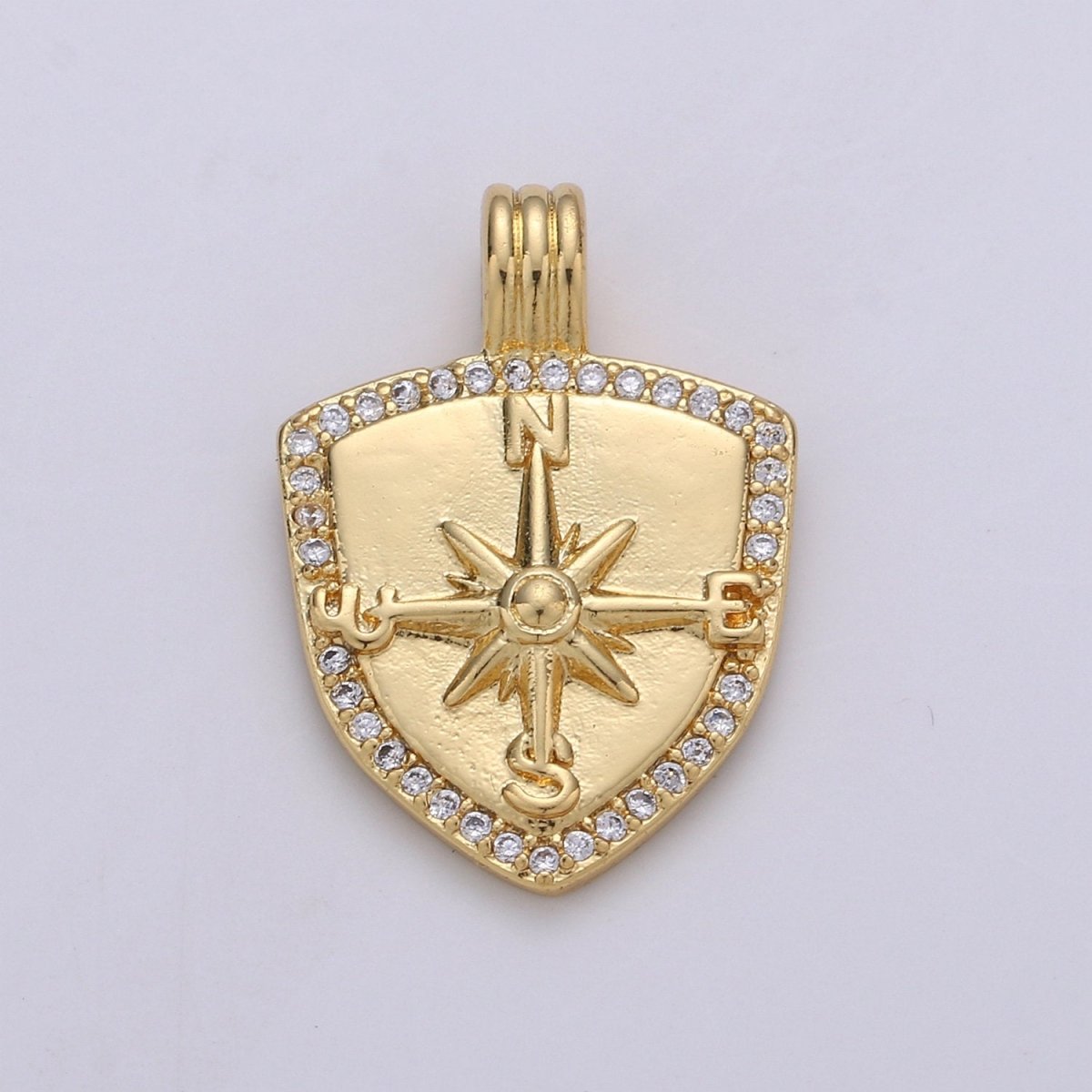 Dainty 14k Gold plated Shield Charm, Cz Shield pendant, Micro Pave Compass Pendant Protection Jewelry Supply I-933 - DLUXCA