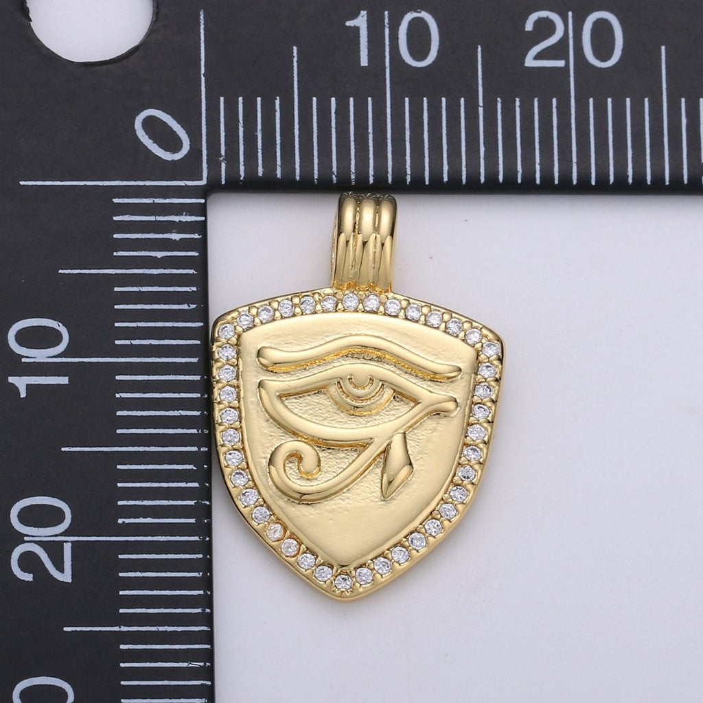 Dainty 14k Gold plated Shield Charm, Cz Shield pendant, Micro Pave Eye Of Ra Pendant Protection Jewelry Supply I-926 - DLUXCA