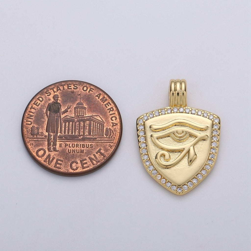 Dainty 14k Gold plated Shield Charm, Cz Shield pendant, Micro Pave Eye Of Ra Pendant Protection Jewelry Supply I-926 - DLUXCA