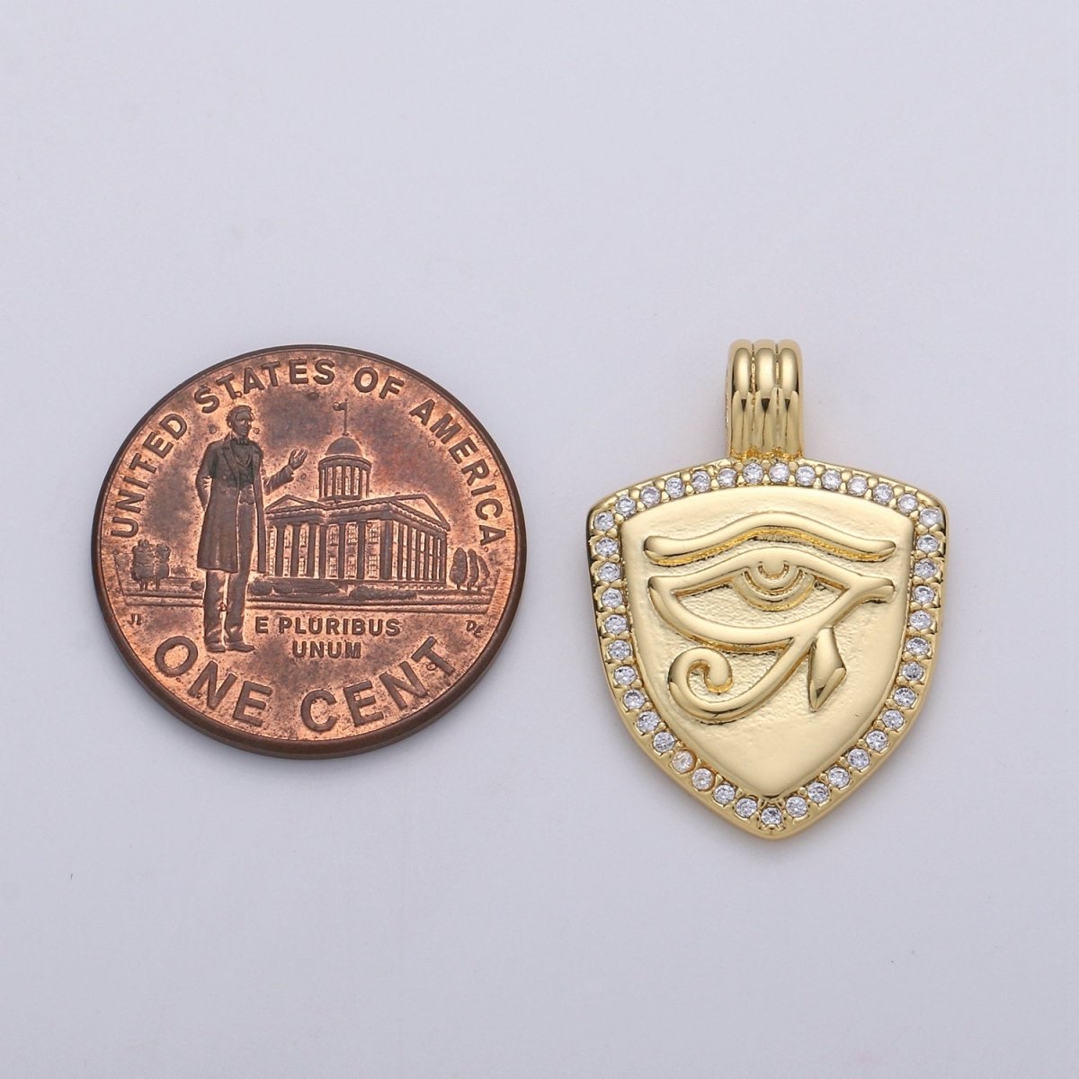 Dainty 14k Gold plated Shield Charm, Cz Shield pendant, Micro Pave Eye Of Ra Pendant Protection Jewelry Supply I-926 - DLUXCA