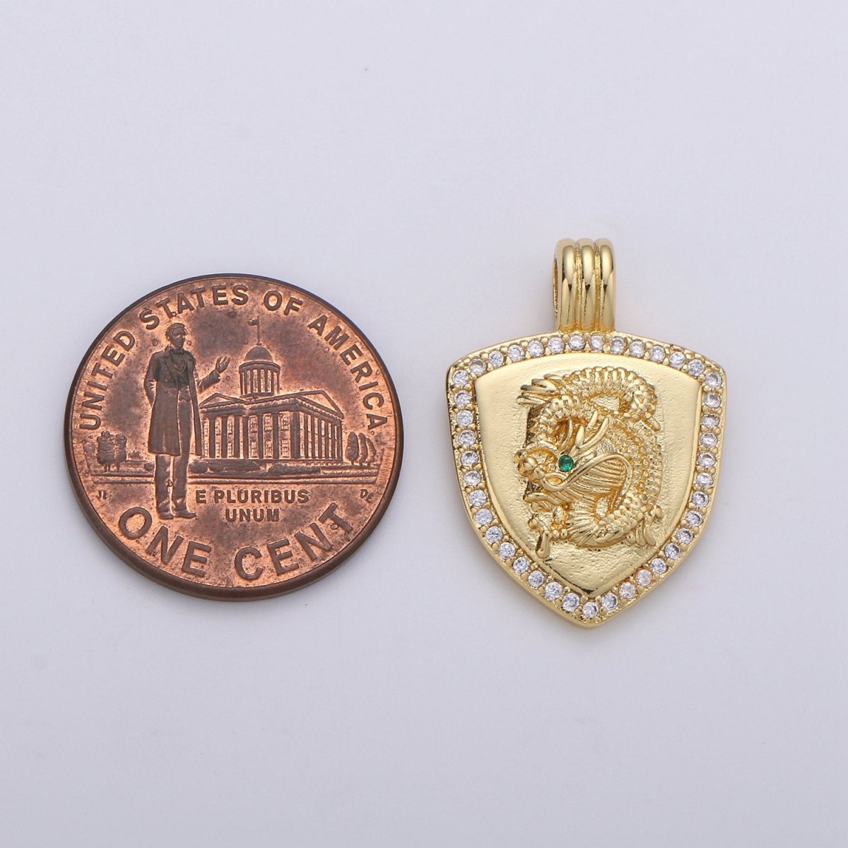 Dainty 14k Gold plated Shield Charm, Cz Shield pendant, Micro Pave Gold Dragon Pendant Protection Jewelry Supply I-925 - DLUXCA