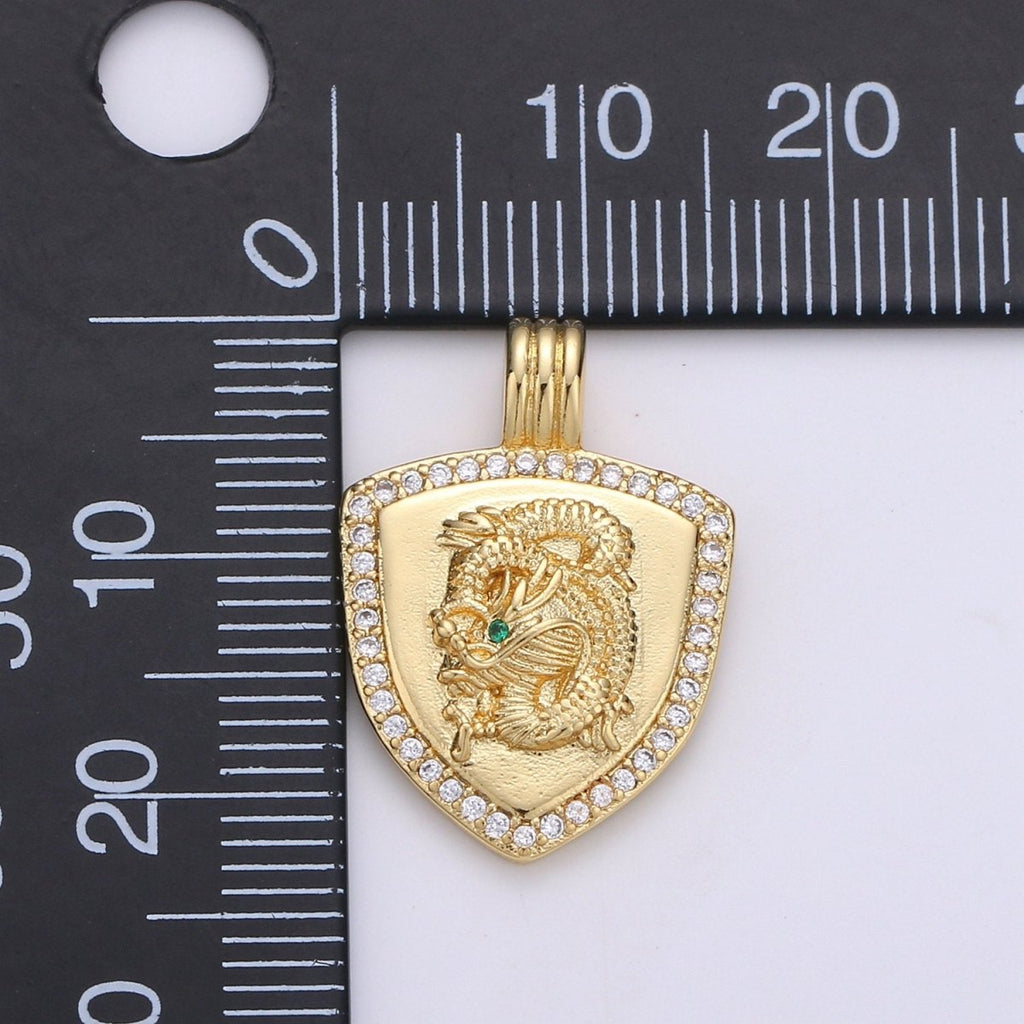 Dainty 14k Gold plated Shield Charm, Cz Shield pendant, Micro Pave Gold Dragon Pendant Protection Jewelry Supply I-925 - DLUXCA