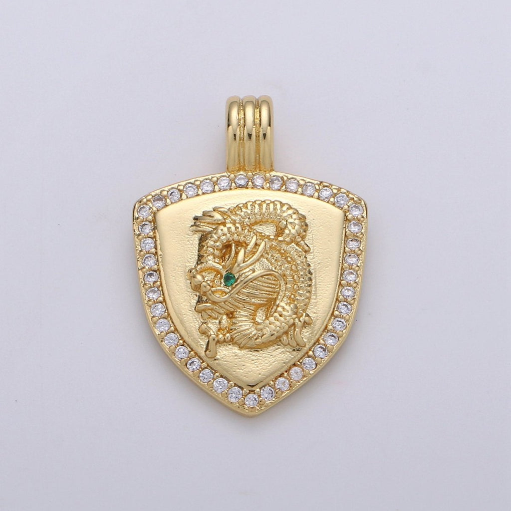 Dainty 14k Gold plated Shield Charm, Cz Shield pendant, Micro Pave Gold Dragon Pendant Protection Jewelry Supply I-925 - DLUXCA