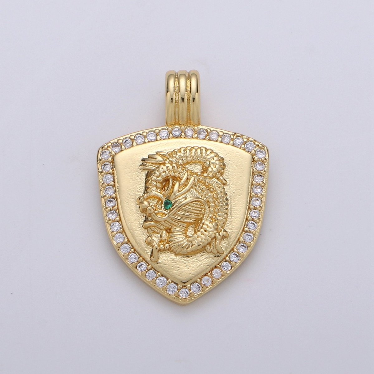 Dainty 14k Gold plated Shield Charm, Cz Shield pendant, Micro Pave Gold Dragon Pendant Protection Jewelry Supply I-925 - DLUXCA