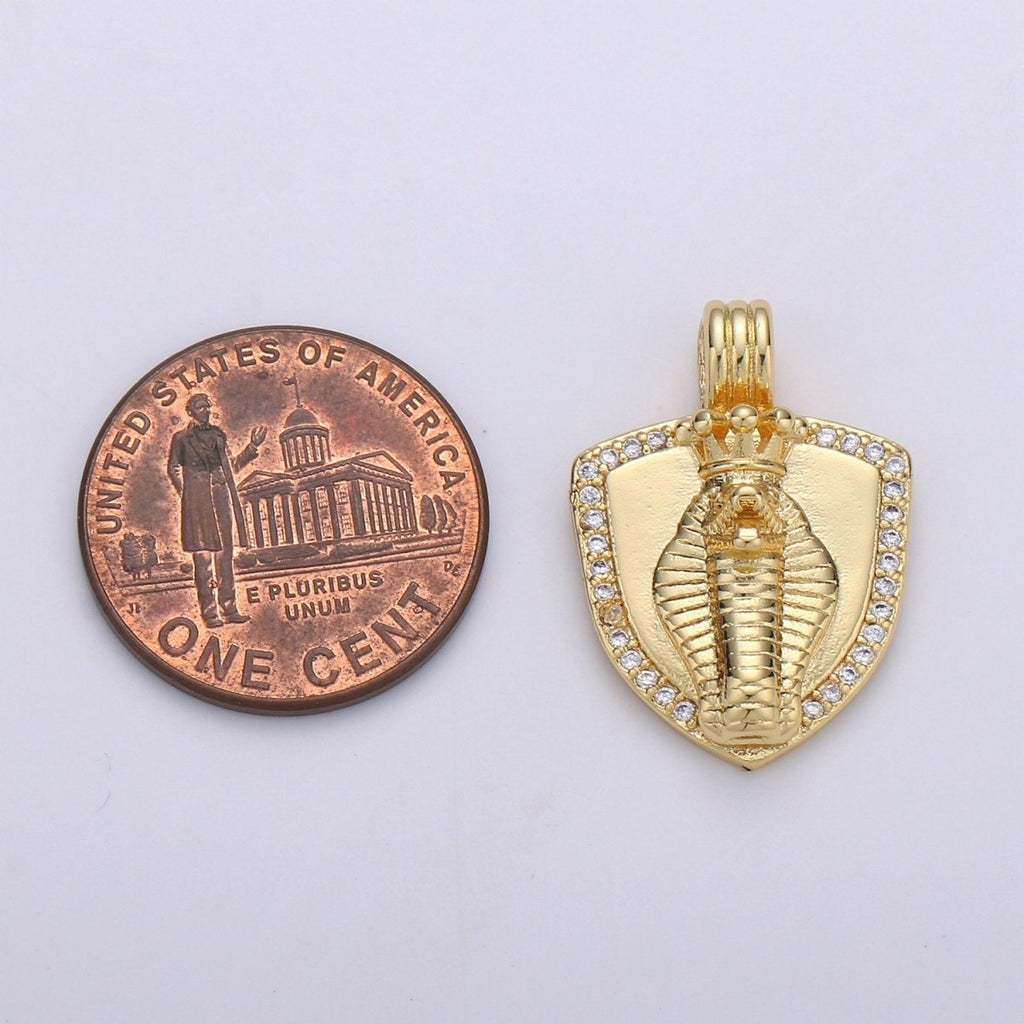 Dainty 14k Gold plated Shield Charm, Cz Shield pendant, Micro Pave King Cobra Pendant Protection Jewelry Supply I-927 - DLUXCA