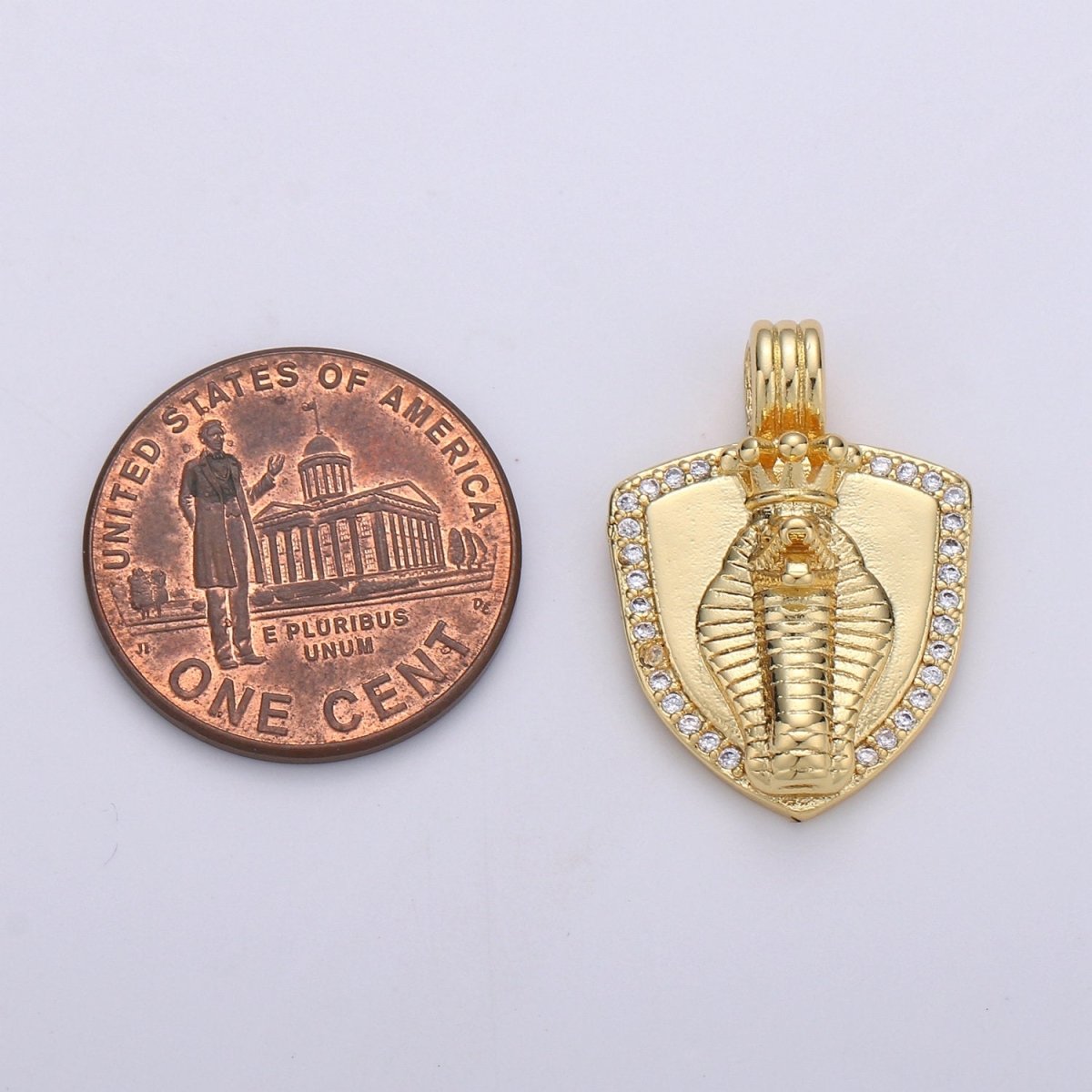 Dainty 14k Gold plated Shield Charm, Cz Shield pendant, Micro Pave King Cobra Pendant Protection Jewelry Supply I-927 - DLUXCA