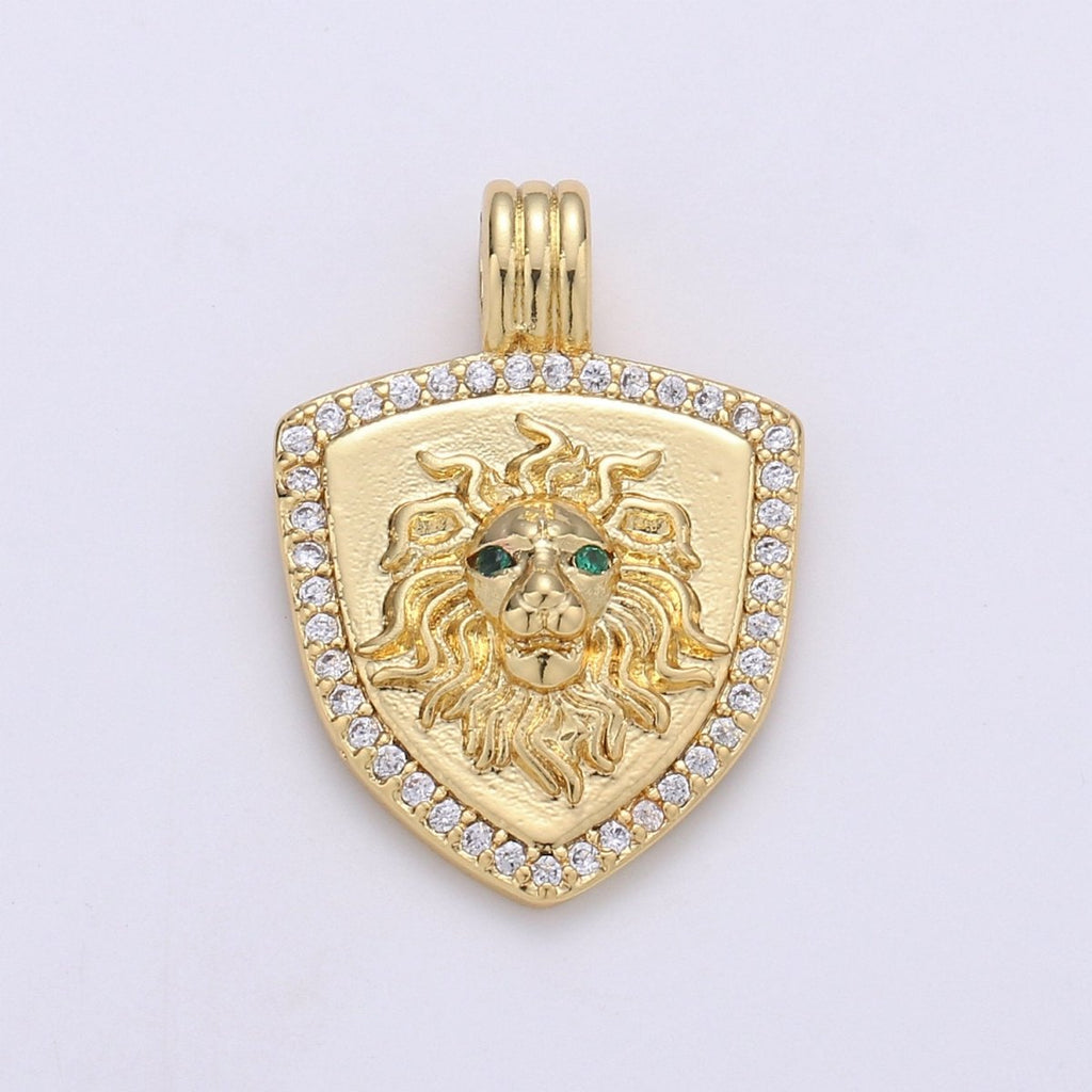 Dainty 14k Gold plated Shield Charm, Cz Shield pendant, Micro Pave Lion Pendant Protection Jewelry Supply I-928 - DLUXCA