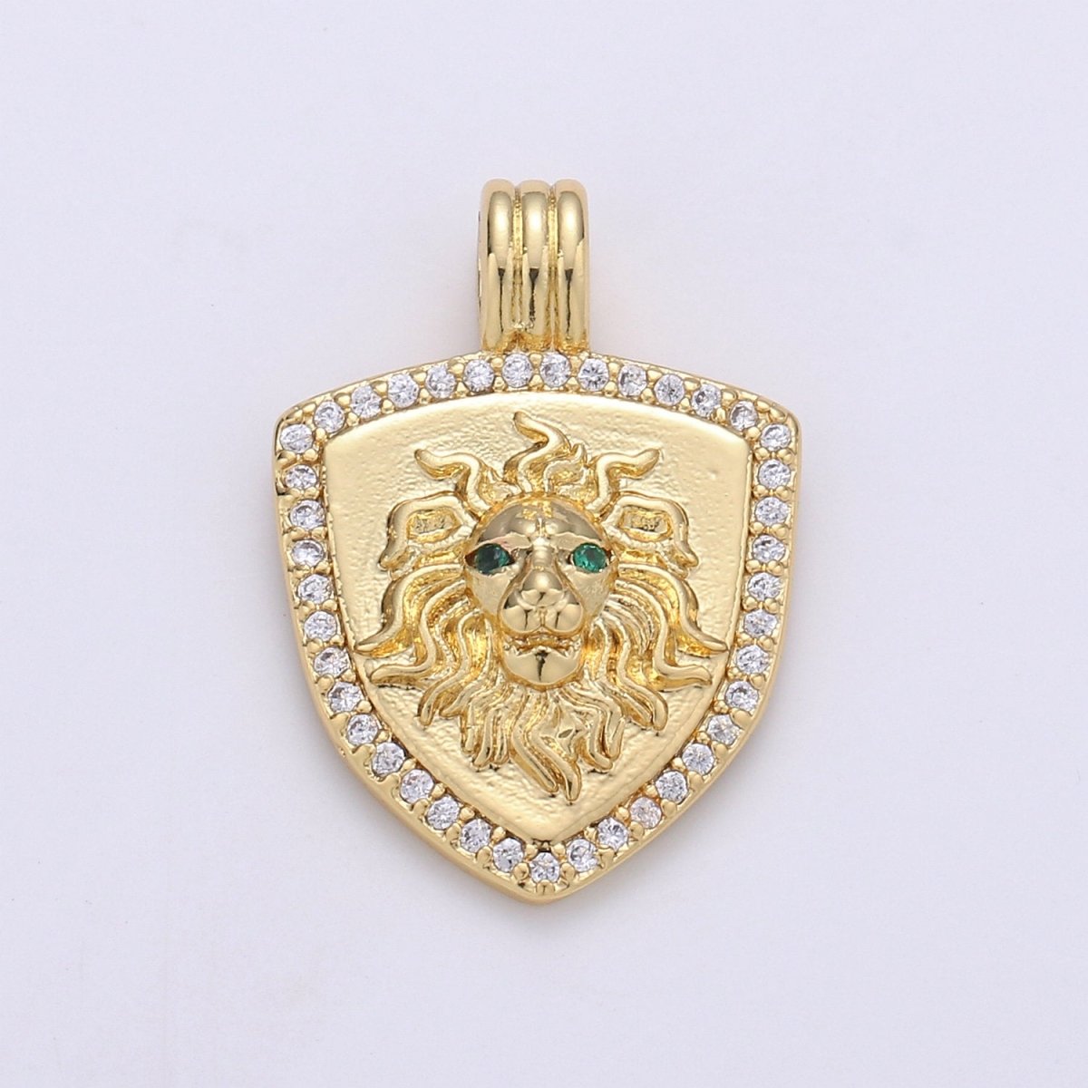 Dainty 14k Gold plated Shield Charm, Cz Shield pendant, Micro Pave Lion Pendant Protection Jewelry Supply I-928 - DLUXCA