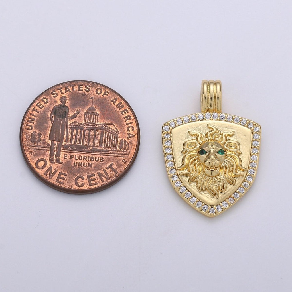 Dainty 14k Gold plated Shield Charm, Cz Shield pendant, Micro Pave Lion Pendant Protection Jewelry Supply I-928 - DLUXCA