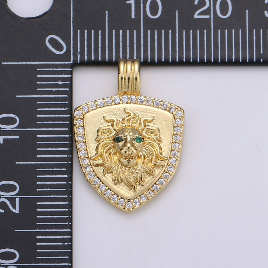 Dainty 14k Gold plated Shield Charm, Cz Shield pendant, Micro Pave Lion Pendant Protection Jewelry Supply I-928 - DLUXCA